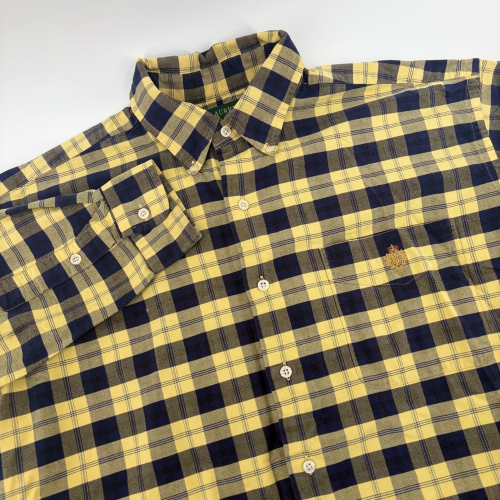 Lauren‎ Ralph Lauren Mens Yellow Navy Plaid Button Down Long Sleeve Shirt Size L